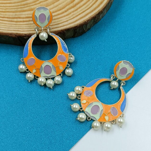 Hand Painted Chandbali Earrings- Orange