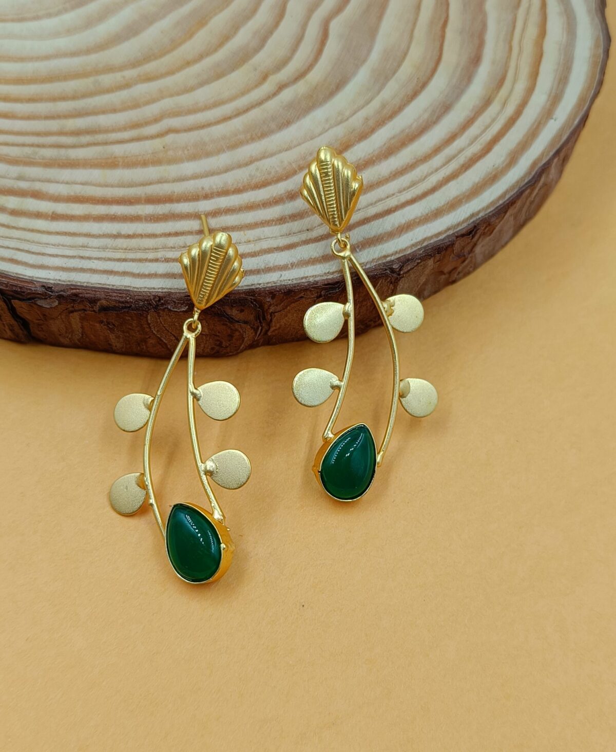 Gold Plated Dangler Earrings with Green Stone Studded