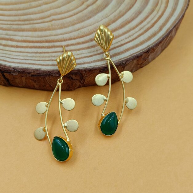 Gold Plated Dangler Earrings with Green Stone Studded