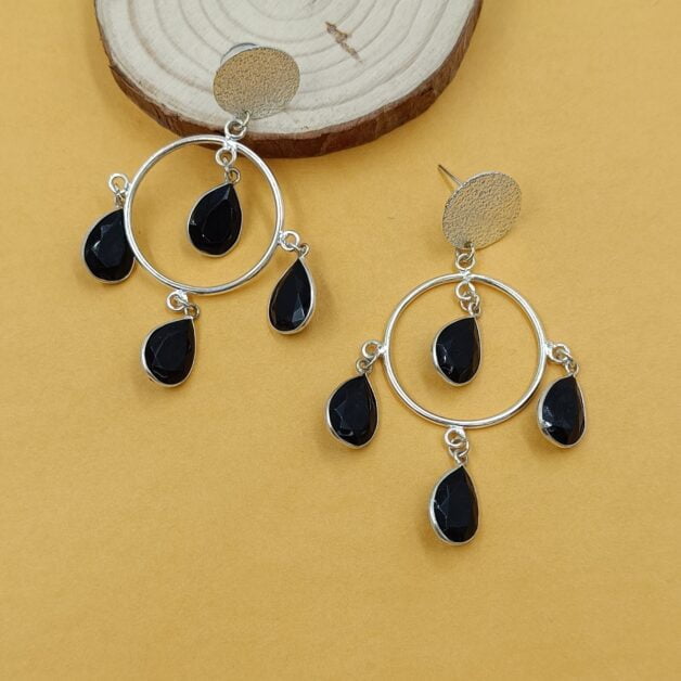 Silver Plated Drop Shaped Black Stone Studded Earrings