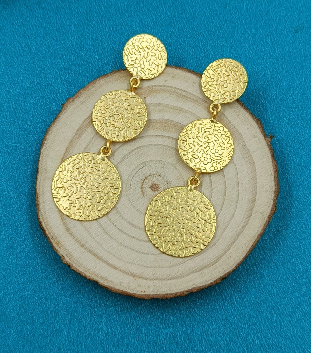 Gold Plated Three Layered Coin Dangler Earrings