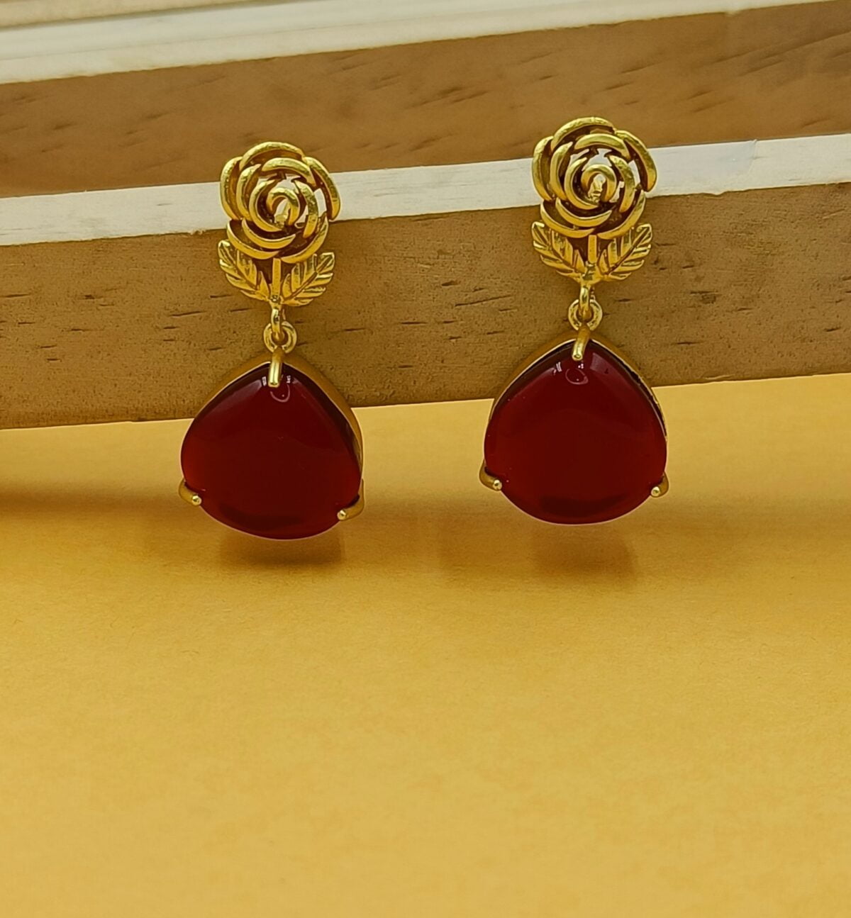 Gold Plated Rose Red Stone Drop Earrings