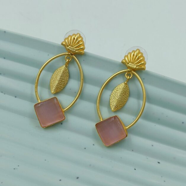Gold Plated Pink Stone Studded Designer Brass Leaf Dangler Earrings