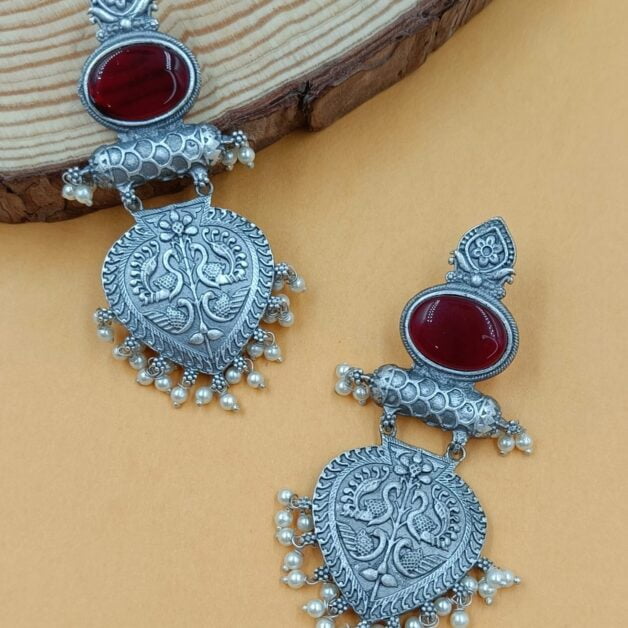 Antique Silver Plated Brass Red Stone Studded Earrings