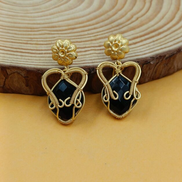 Gold Plated Black Stone Designer Matte Finish Earrings
