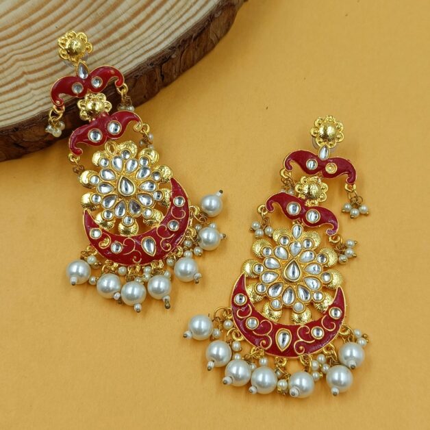 Gold Plated Red Moustache Chandbali Earrings