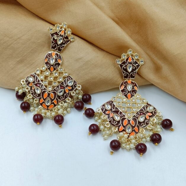 Gold Plated Maroon Kundan Stone Studded Meenakari Beaded Traditional Earrings