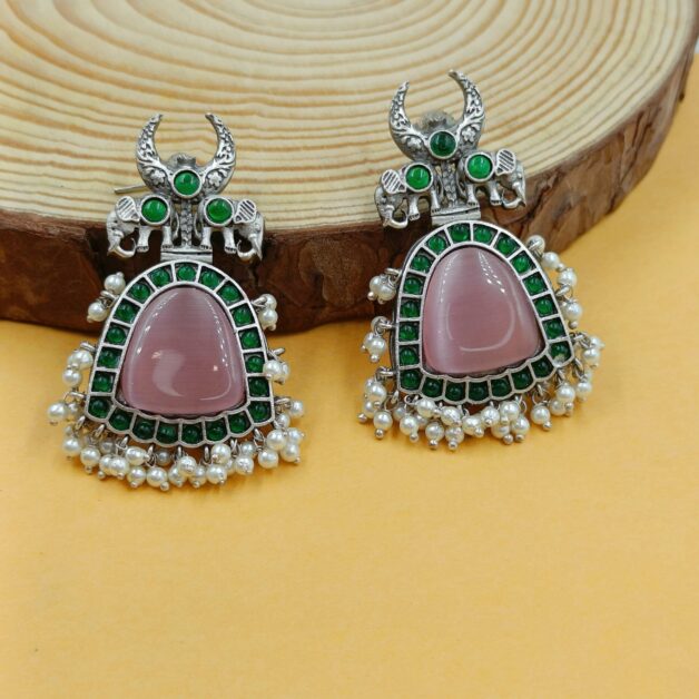 Silver Plated Brass Pink Stone with Elephants Traditional Earrings