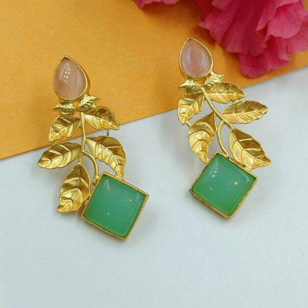 Gold Plated Brass Leafy Pink and Green Stone Earrings