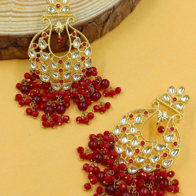 Gold Plated Red Beaded Kundan Stone Studded Traditional Earrings
