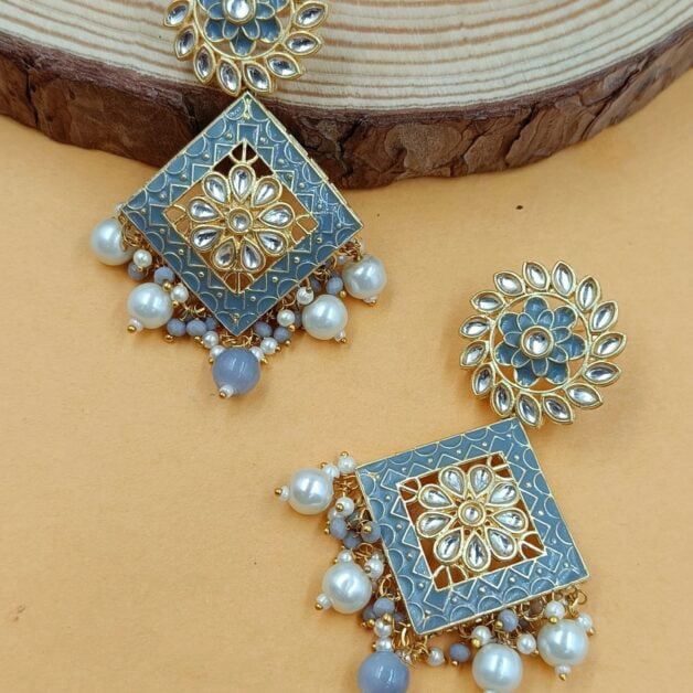 Gold Plated Grey Chakra Square Kundan Stone Studded Meenakari Earrings