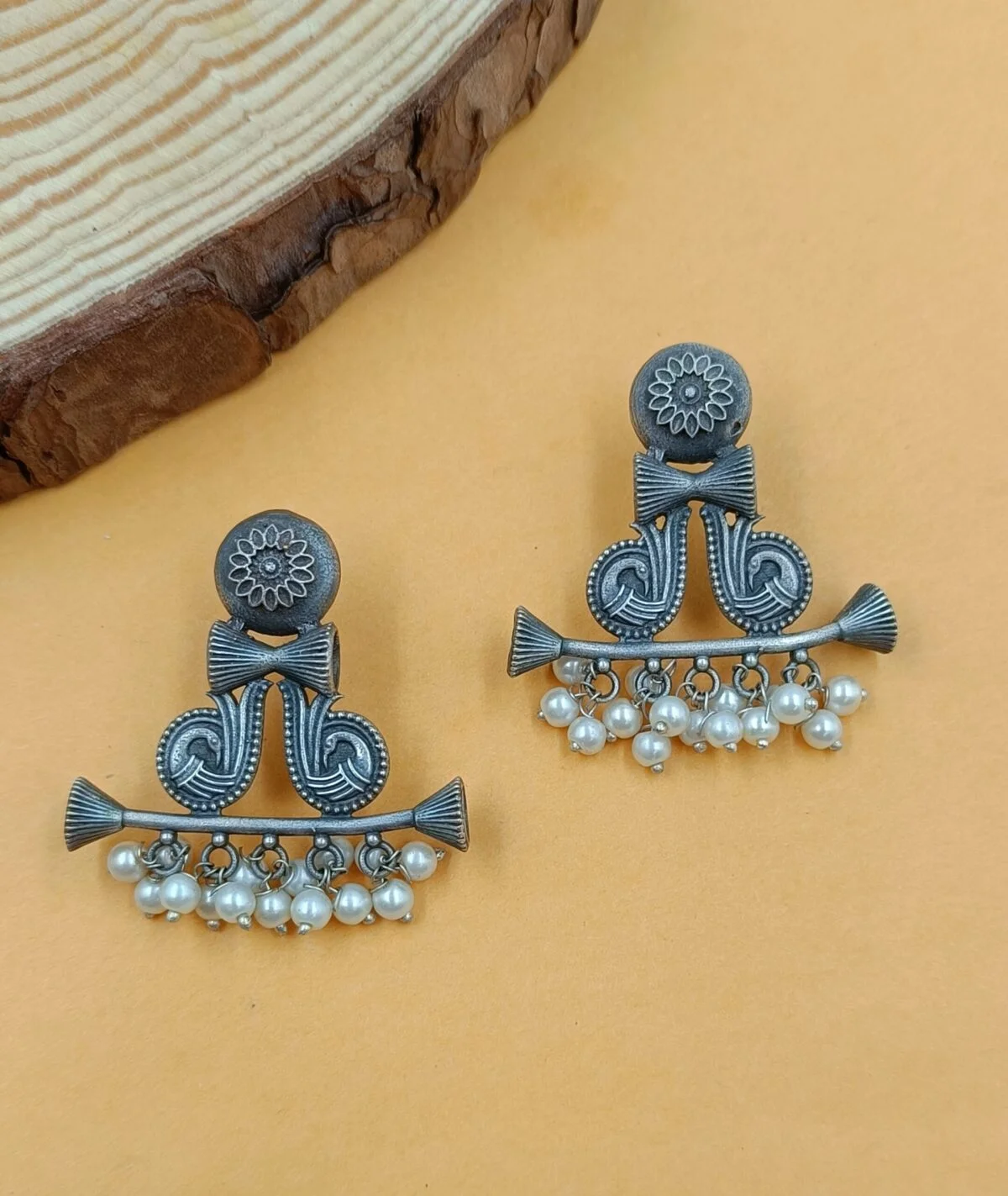 Silver Plated Brass Damru Earrings