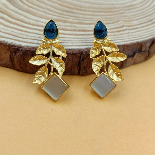 Gold Plated Brass Leafy Blue and White Stone Earrings