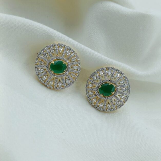 FHF Rhodium Plated American Diamond Green Stone Stud Earrings