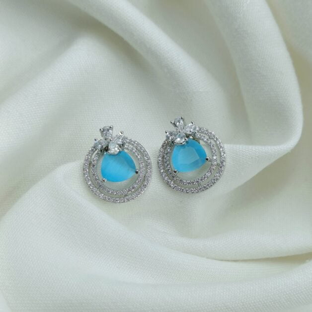 FHF Rhodium Silver Plated American Diamond Sky Blue Stone Stud Earrings