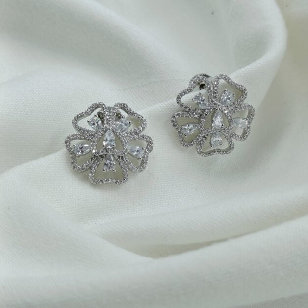 FHF Rhodium Silver Plated CZ Studded Flower Stud Earrings