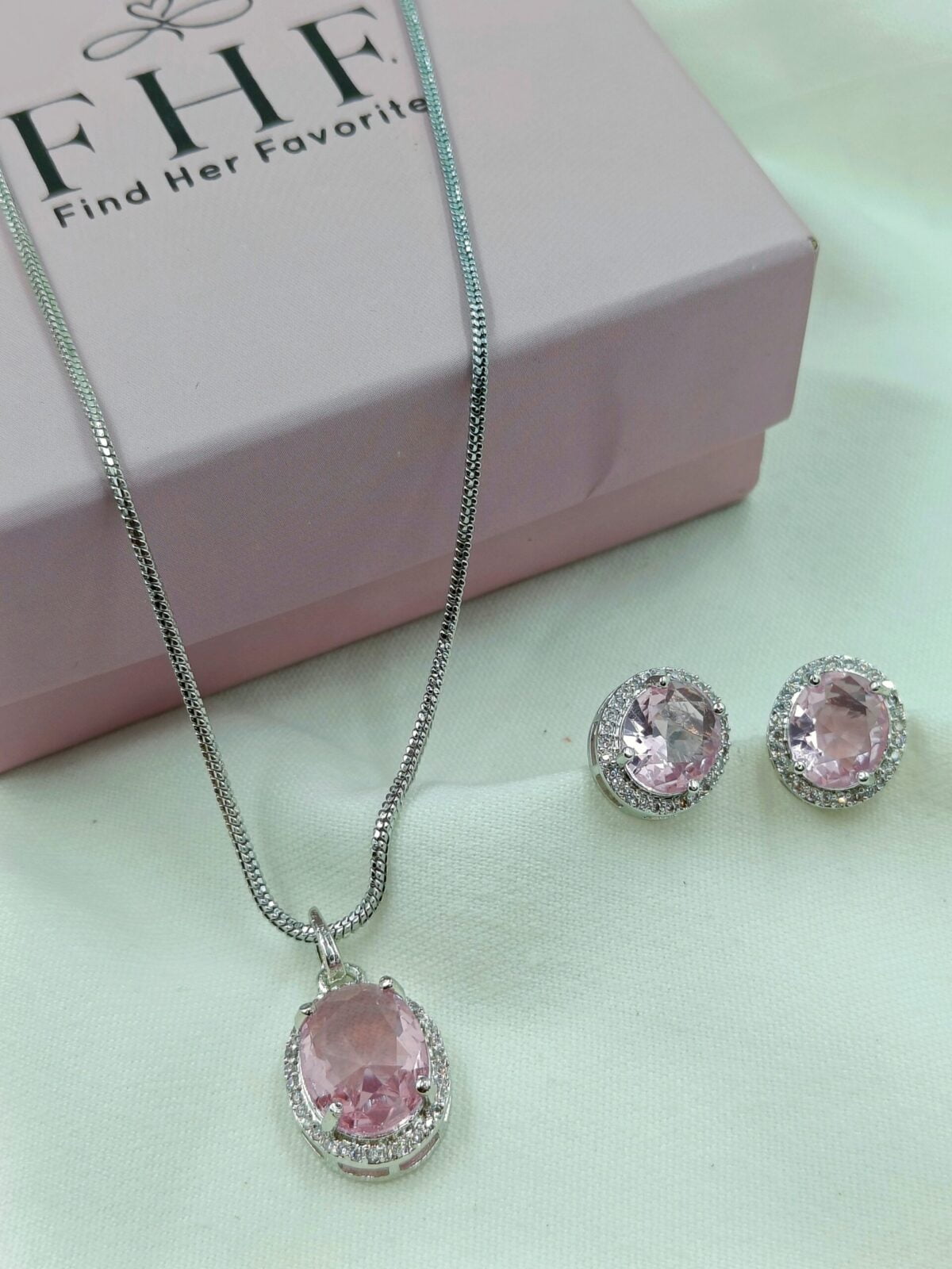 Silver Plated Premium Pink Stone CZ Studded Oval Pendant Set