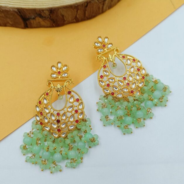Gold Plated Green Beaded Kundan Stone Studded Traditional Earrings