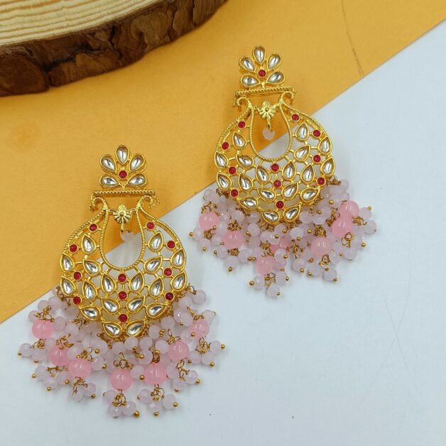 Gold Plated Pink Beaded Kundan Stone Studded Traditional Earrings