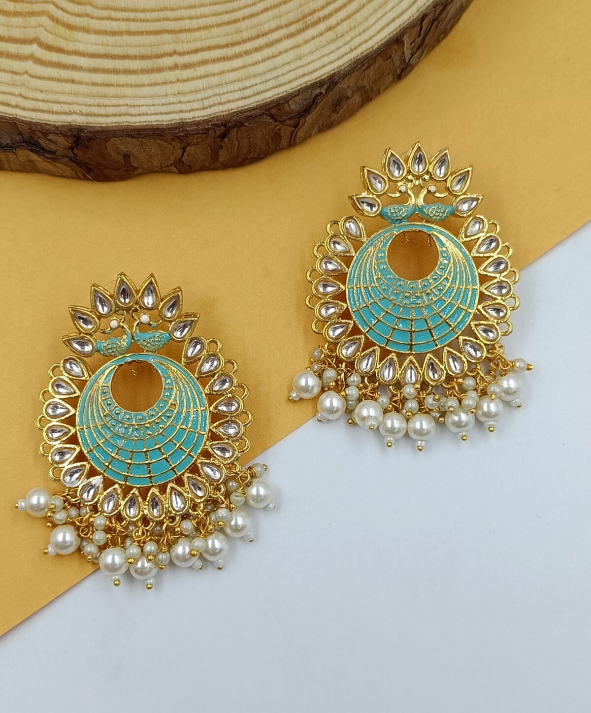 Gold Plated Green Circular Kundan Stone Studded Meenakari Chandbali Earrings