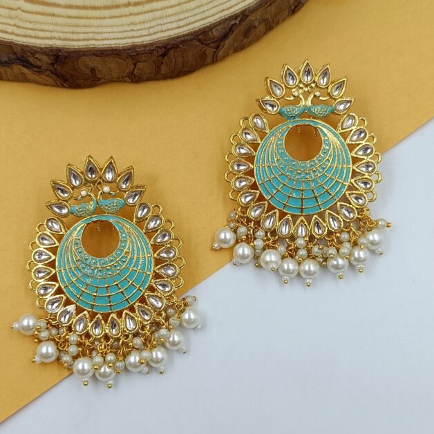 Gold Plated Green Circular Kundan Stone Studded Meenakari Chandbali Earrings