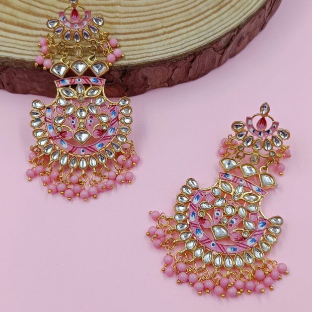 Gold Plated Kundan Stone Studded Meenakari Chandbali Earrings