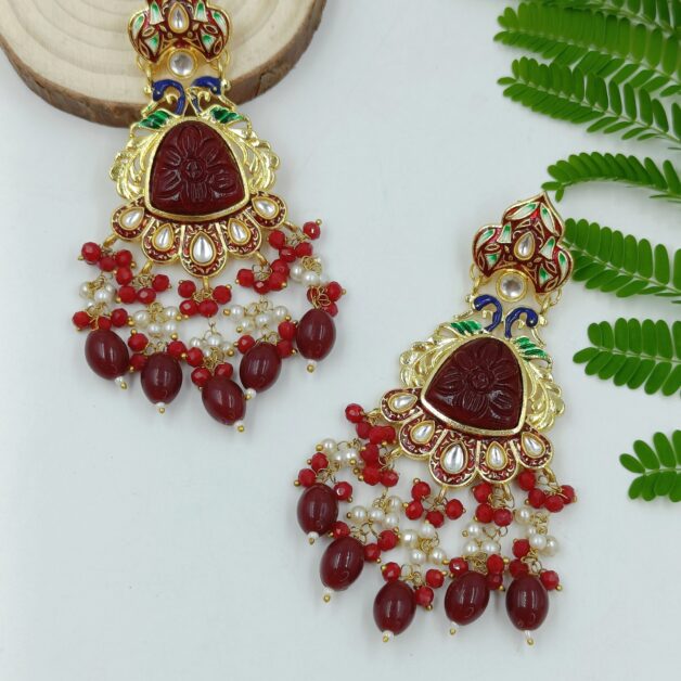 Gold Plated Beaded Traditional Earrings with Studded Maroon Stone