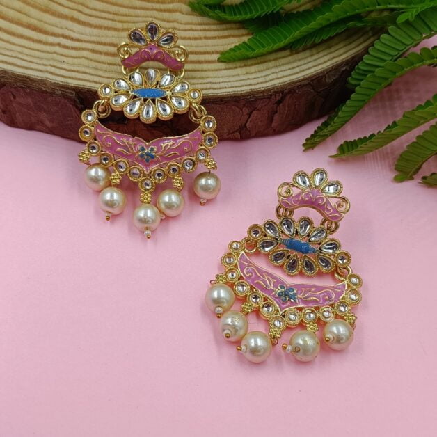 Gold Plated Kundan Stone Studded Pink Meenakari Chandbali Earrings