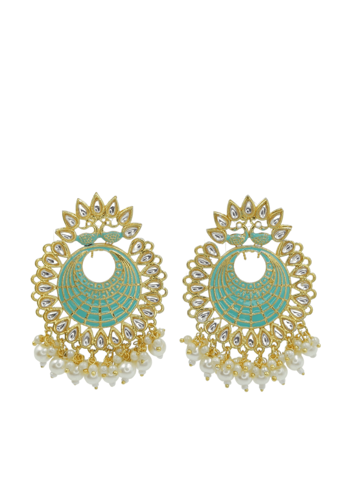 Gold Plated Green Circular Kundan Stone Studded Meenakari Chandbali Earrings - Image 2