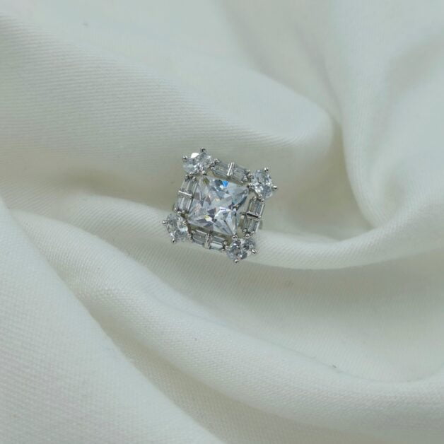 Silver Plated American Diamond Square Shaped Adjustable Ring (42)