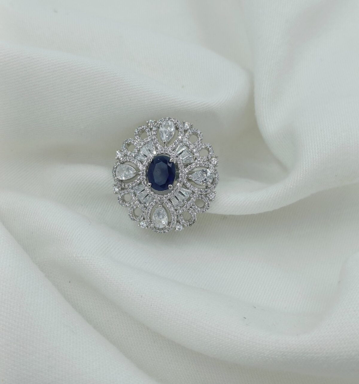 Silver Plated American Diamond and Blue Stone Studded Adjustable Ring (44)