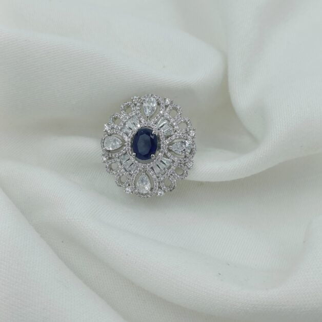 Silver Plated American Diamond and Blue Stone Studded Adjustable Ring (44)