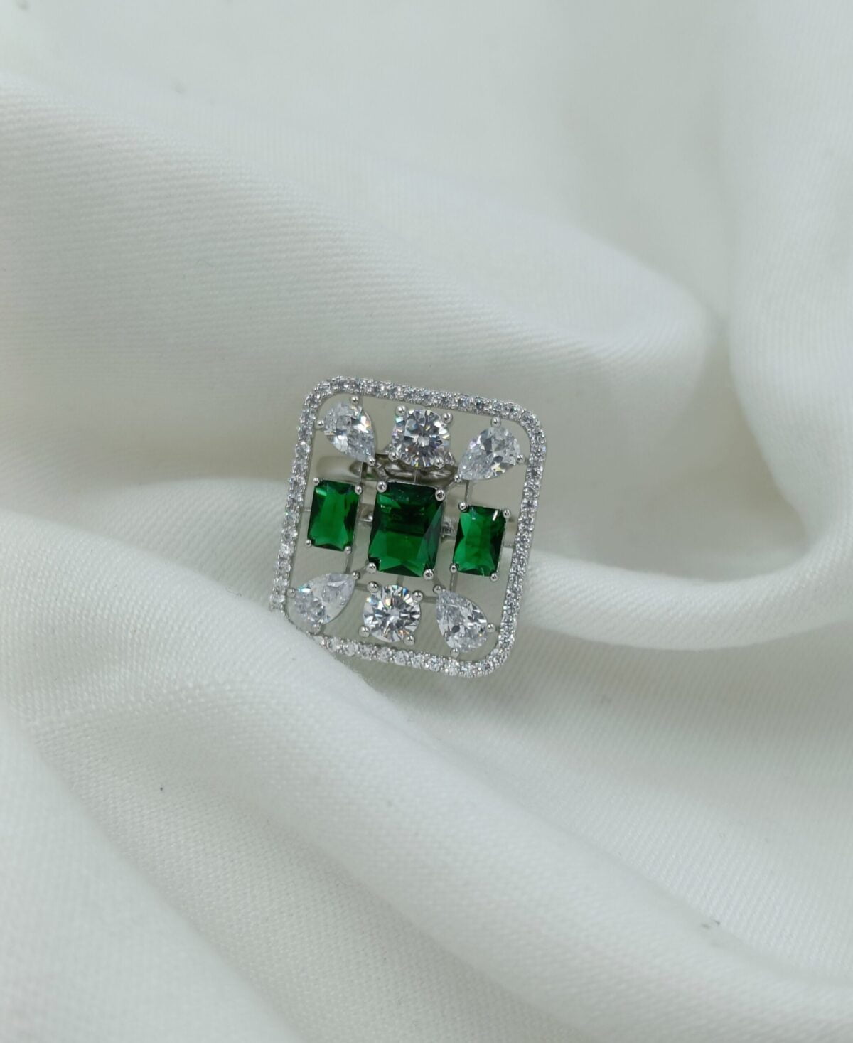 Silver Plated American Diamond and Green Stone Studded Square Shaped Adjustable Ring (46)