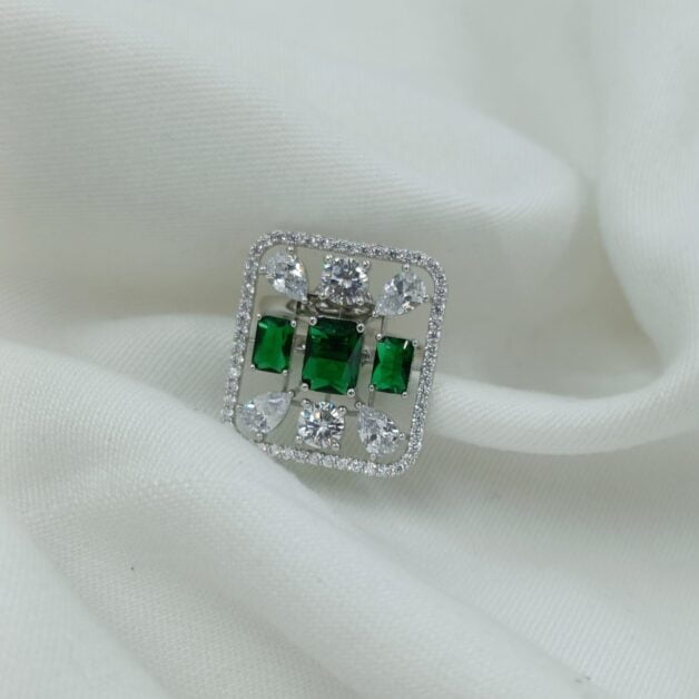 Silver Plated American Diamond and Green Stone Studded Square Shaped Adjustable Ring (46)