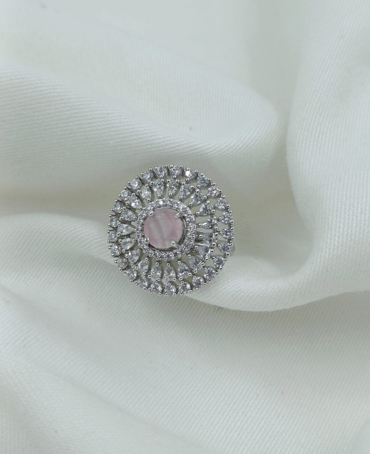 Silver Plated American Diamond and Pink Stone Studded Adjustable Ring (47)