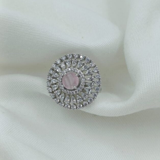 Silver Plated American Diamond and Pink Stone Studded Adjustable Ring (47)