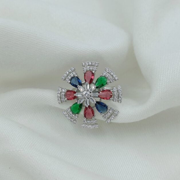 Silver Plated CZ Studded Multicolor Stone Ring (43)