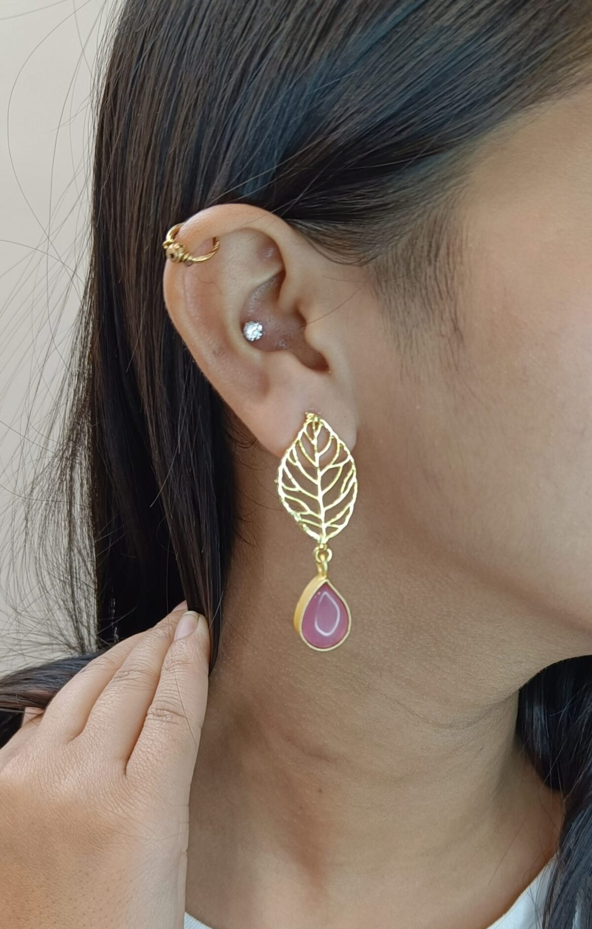 Gold Plated Designer Leaf Drop Pink Stone Earrings - Image 2