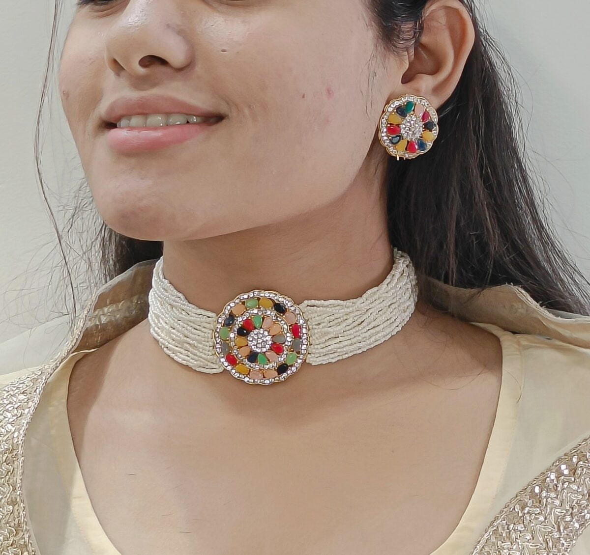 Multicolor Stone Choker Necklace Set - Image 2