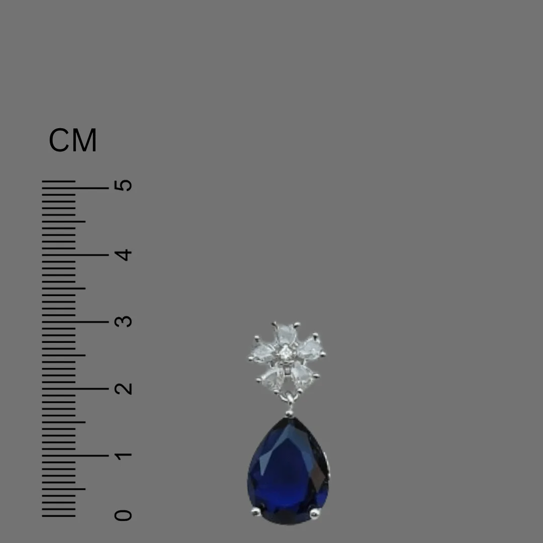 FHF Silver Plated American Diamond Flower Blue Drop Stone Earrings - Image 2