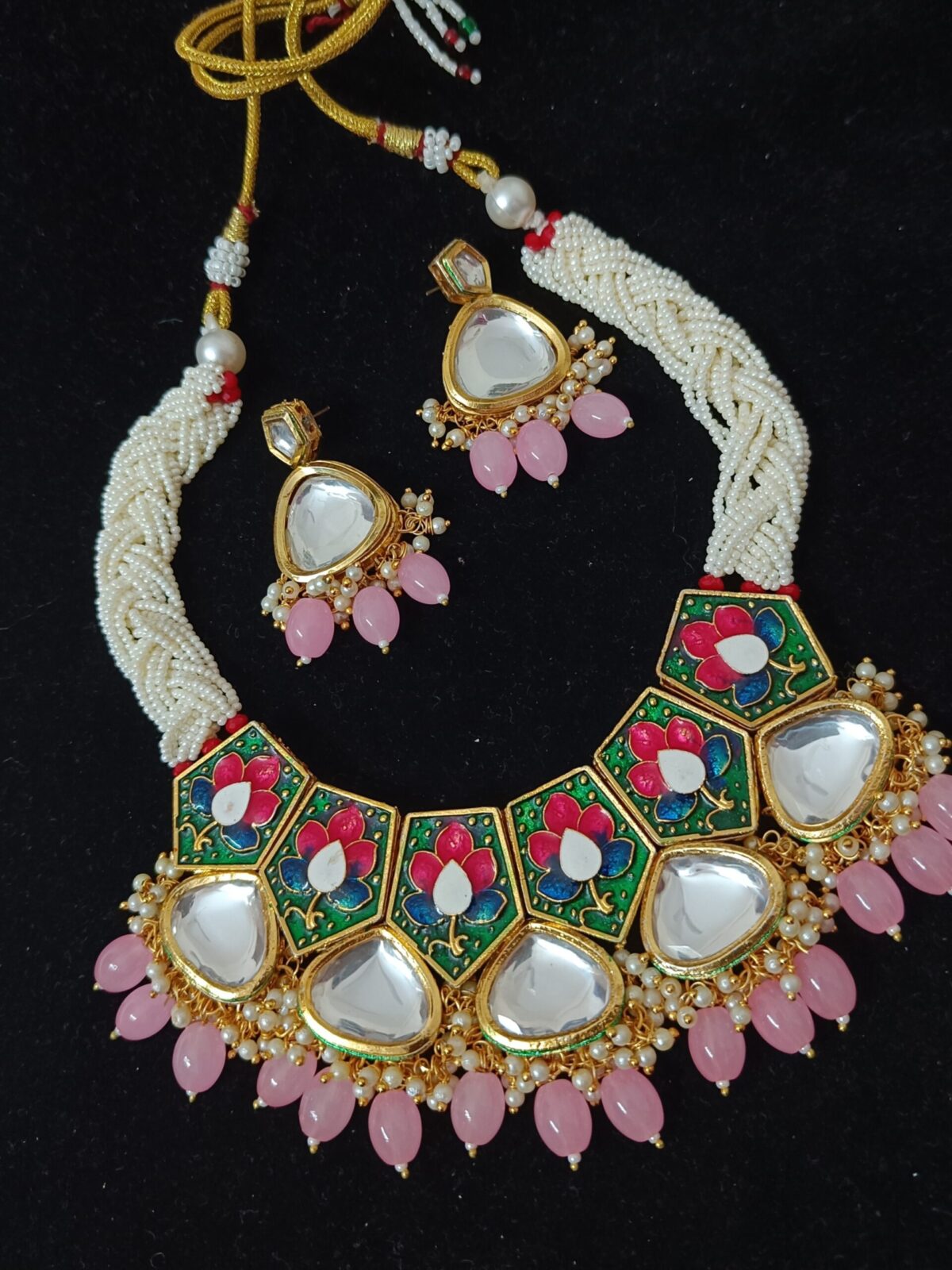 Gold Plated Pink Beaded Kundan Meenakari Necklace Set