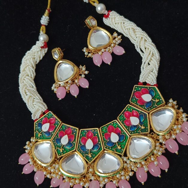 Gold Plated Pink Beaded Kundan Meenakari Necklace Set