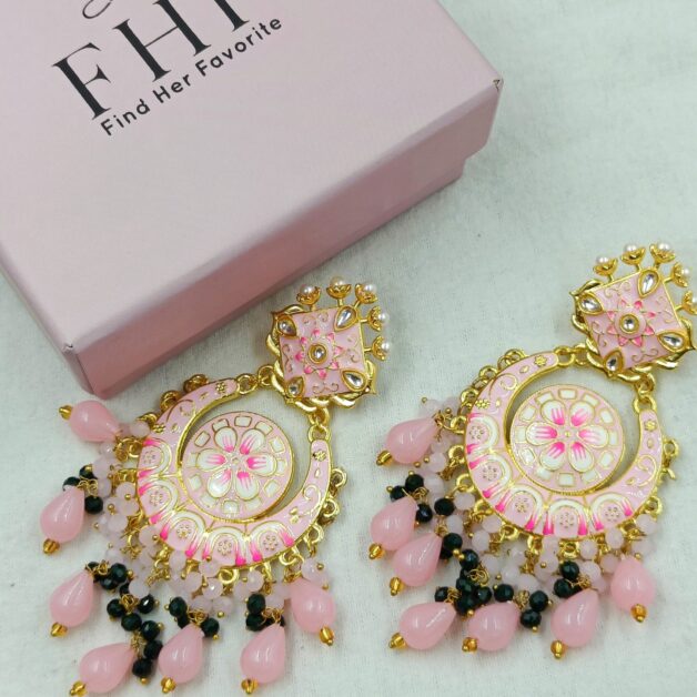 Gold Plated Pink Meenakari Beaded Traditional Earrings