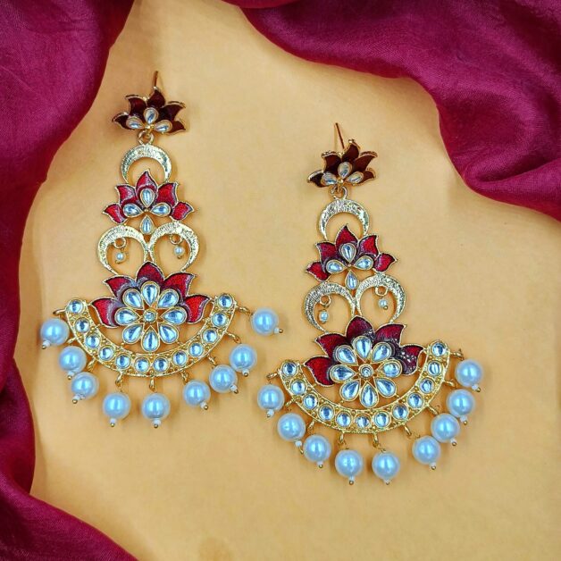 Gold Plated Lotus Layered Chandbali Earrings-Red