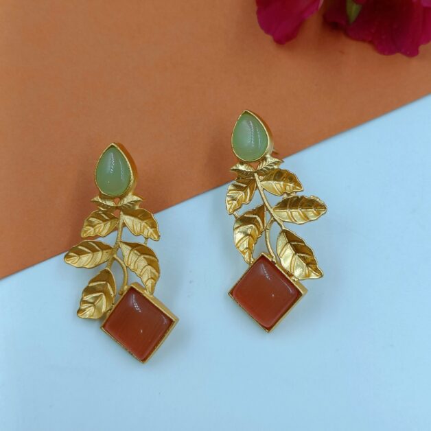 Gold Plated Brass Leafy Green and Orange Stone Earrings