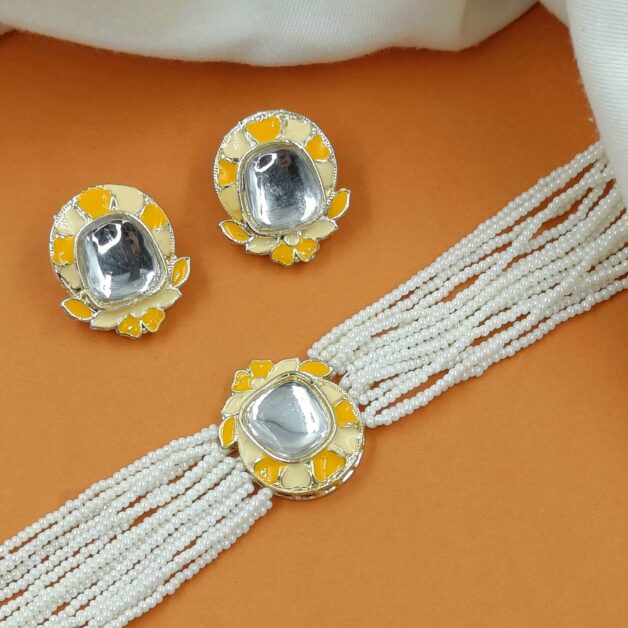 Yellow Kundan Studded Choker Necklace Set