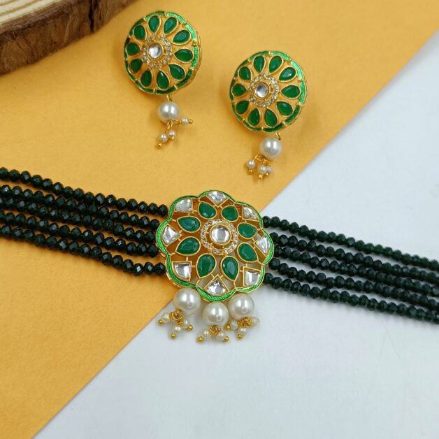 Gold Plated Green Stone Kundan Studded Beaded Choker Set