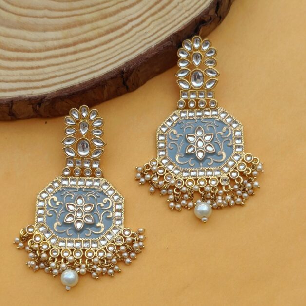 Gold Brass Kundan Meenakari Flat Earrings