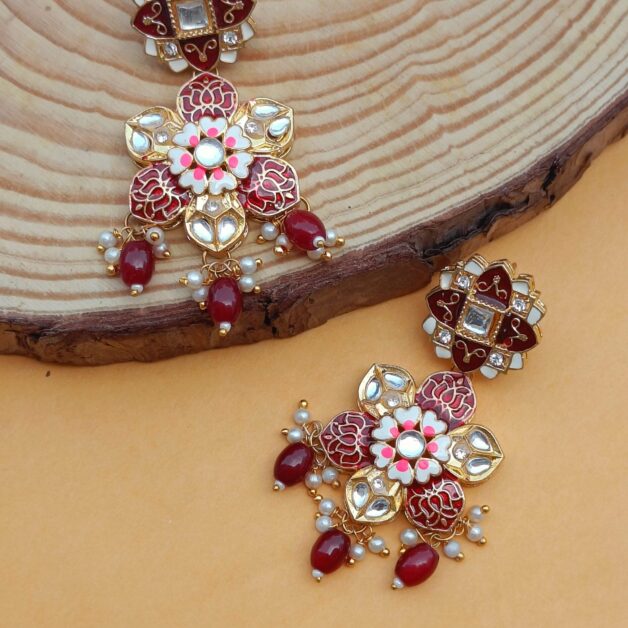 Gold Plated Hand Painted Red Flower Layered Earrings