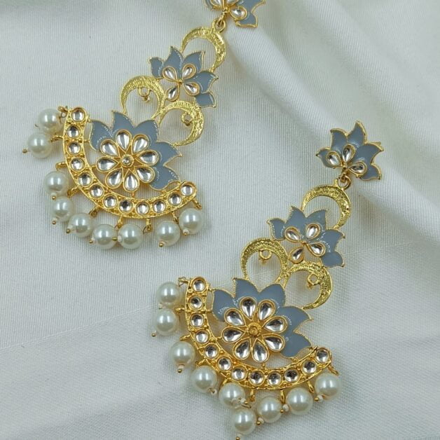 Gold Plated Grey Lotus Layered Chandbali Earrings